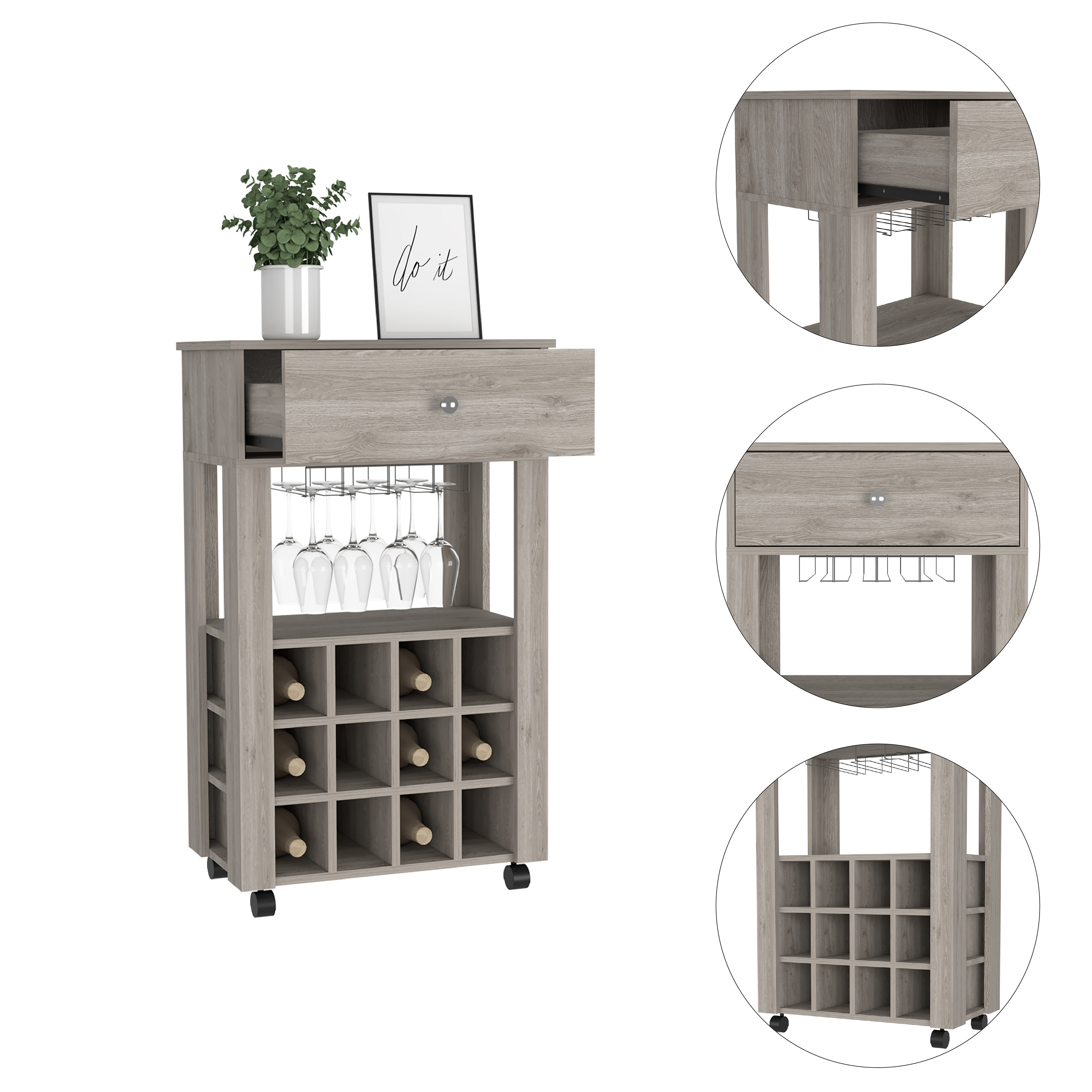 Memphis Bar Cart, Twelve Built-in Wine Rack, Four Legs, One Open Shelf -Light Gray